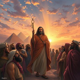 A majestic artwork depicting the story of the Israelites and Moses, showcasing a scene of departure from Egypt