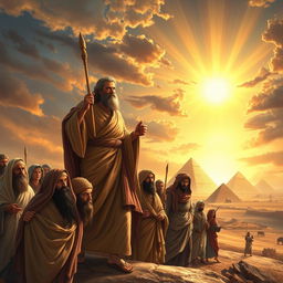 A majestic artwork depicting the story of the Israelites and Moses, showcasing a scene of departure from Egypt