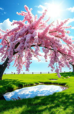 A mesmerizing spring scene featuring a lush cherry blossom tree in full bloom, its delicate pink flowers cascading elegantly in the gentle breeze