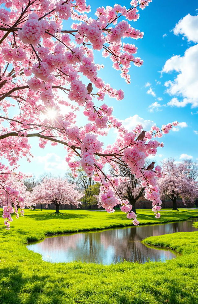 A mesmerizing spring scene featuring a lush cherry blossom tree in full bloom, its delicate pink flowers cascading elegantly in the gentle breeze