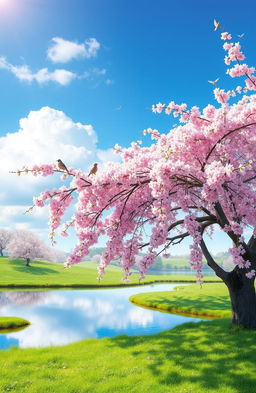 A mesmerizing spring scene featuring a lush cherry blossom tree in full bloom, its delicate pink flowers cascading elegantly in the gentle breeze