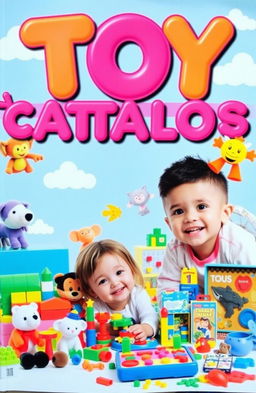 A vibrant and colorful toy catalog cover that features an array of toys, including plush animals, building blocks, action figures, and educational games