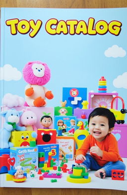 A vibrant and colorful toy catalog cover that features an array of toys, including plush animals, building blocks, action figures, and educational games