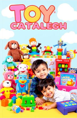 A vibrant and colorful toy catalog cover that features an array of toys, including plush animals, building blocks, action figures, and educational games