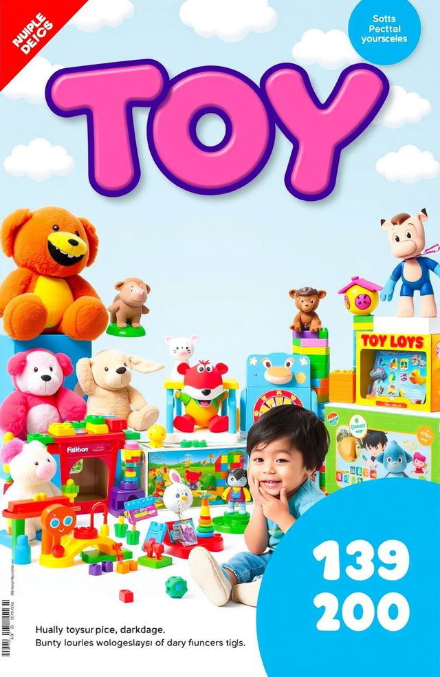 A vibrant and colorful toy catalog cover that features an array of toys, including plush animals, building blocks, action figures, and educational games