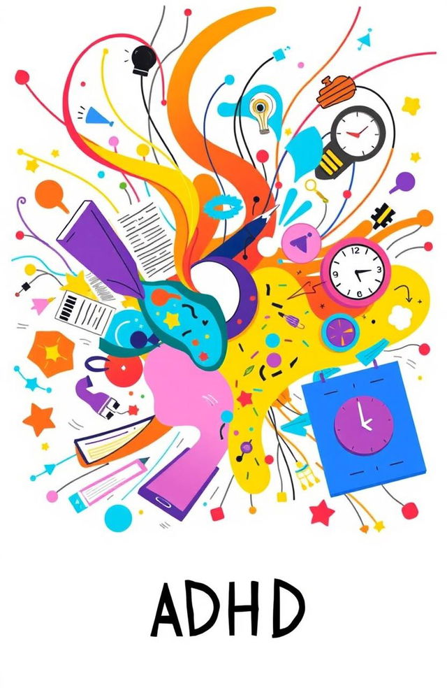 A vibrant and energetic illustration symbolizing ADHD, featuring a whirlwind of colorful, abstract shapes and concepts representing creativity, focus, and distractions