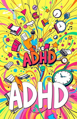 A vibrant and energetic illustration symbolizing ADHD, featuring a whirlwind of colorful, abstract shapes and concepts representing creativity, focus, and distractions