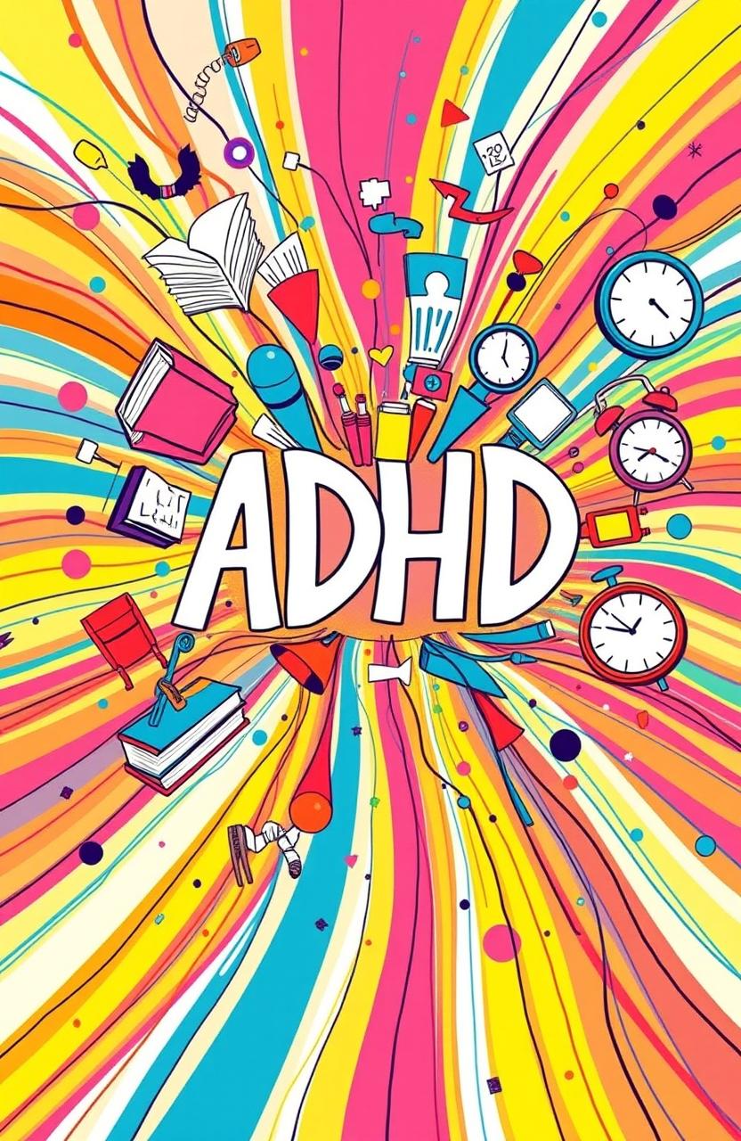 A vibrant and energetic illustration symbolizing ADHD, featuring a whirlwind of colorful, abstract shapes and concepts representing creativity, focus, and distractions