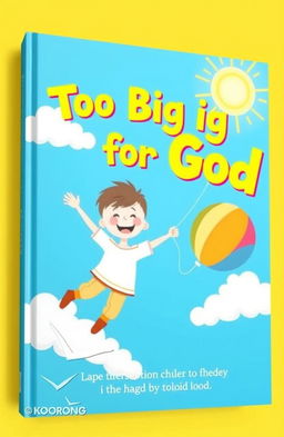 A whimsical book cover titled 'Too Big for God', featuring a joyful child soaring through a bright blue sky while holding a colorful balloon