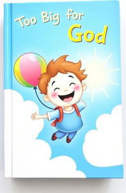 A whimsical book cover titled 'Too Big for God', featuring a joyful child soaring through a bright blue sky while holding a colorful balloon