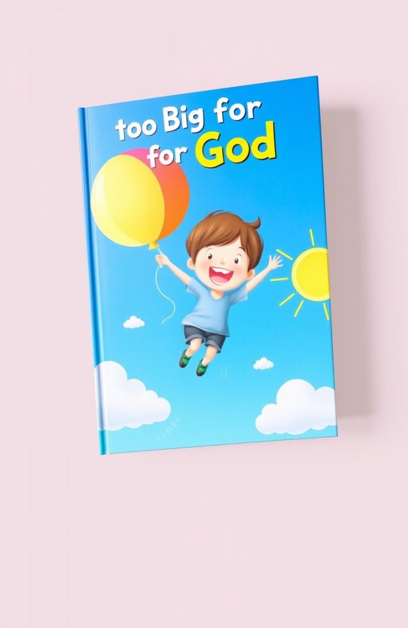 A whimsical book cover titled 'Too Big for God', featuring a joyful child soaring through a bright blue sky while holding a colorful balloon