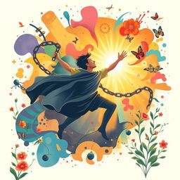 A dynamic and transformative illustration that captures the essence of change and growth, featuring a person breaking free from chains or barriers, surrounded by a swirl of colorful, abstract shapes symbolizing potential and creativity