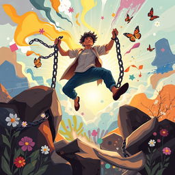 A dynamic and transformative illustration that captures the essence of change and growth, featuring a person breaking free from chains or barriers, surrounded by a swirl of colorful, abstract shapes symbolizing potential and creativity