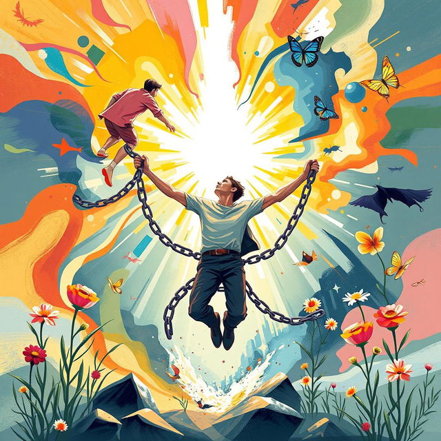 A dynamic and transformative illustration that captures the essence of change and growth, featuring a person breaking free from chains or barriers, surrounded by a swirl of colorful, abstract shapes symbolizing potential and creativity