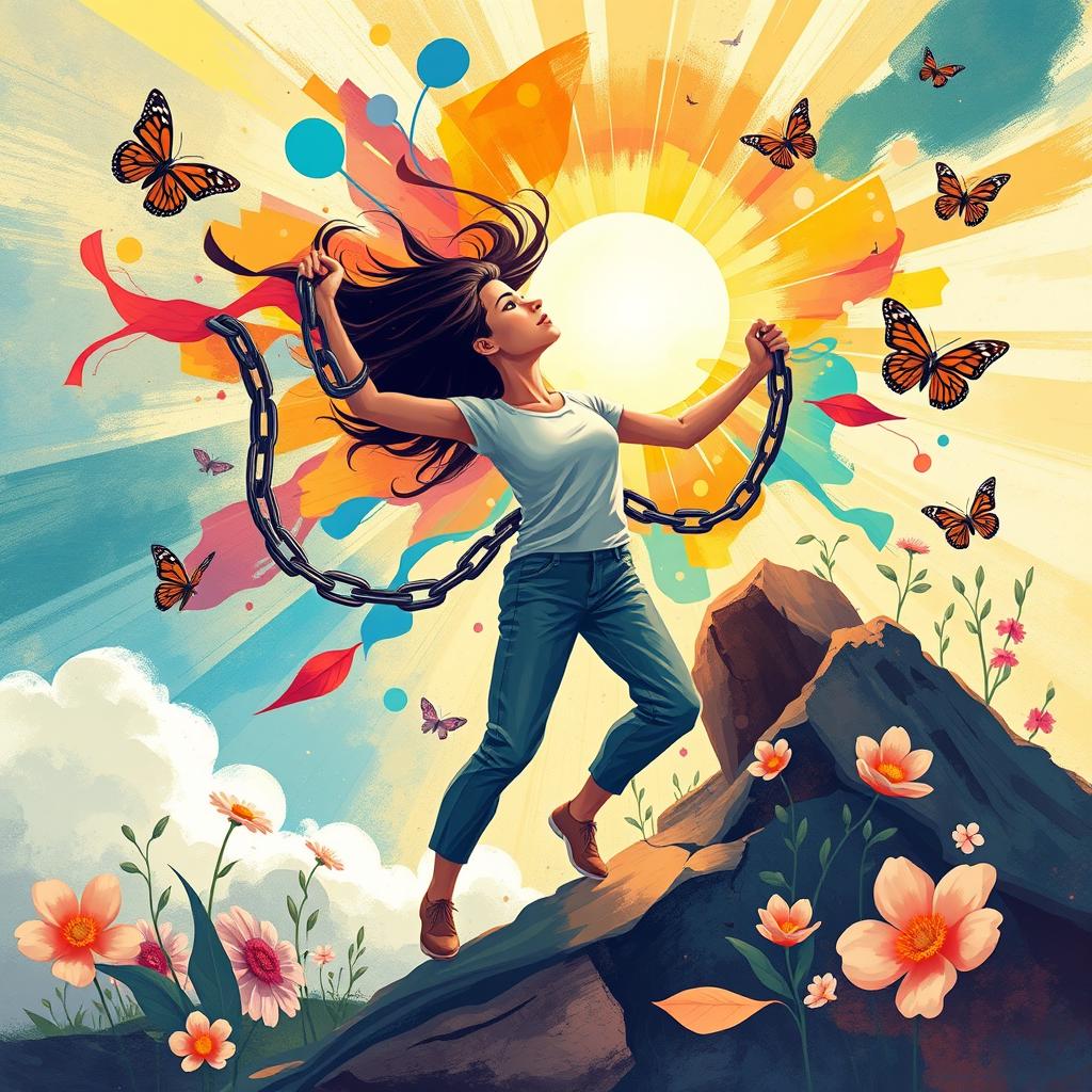 A dynamic and transformative illustration that captures the essence of change and growth, featuring a person breaking free from chains or barriers, surrounded by a swirl of colorful, abstract shapes symbolizing potential and creativity