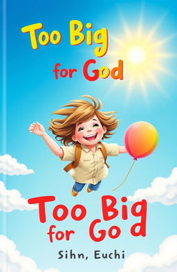 A whimsical book cover titled 'Too Big for God' featuring a joyful child with a beaming smile, soaring through a bright blue sky while holding a colorful balloon