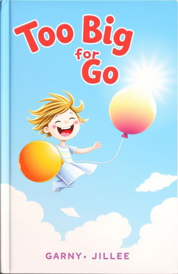 A whimsical book cover titled 'Too Big for God' featuring a joyful child with a beaming smile, soaring through a bright blue sky while holding a colorful balloon