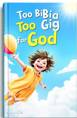 A whimsical book cover titled 'Too Big for God' featuring a joyful child with a beaming smile, soaring through a bright blue sky while holding a colorful balloon