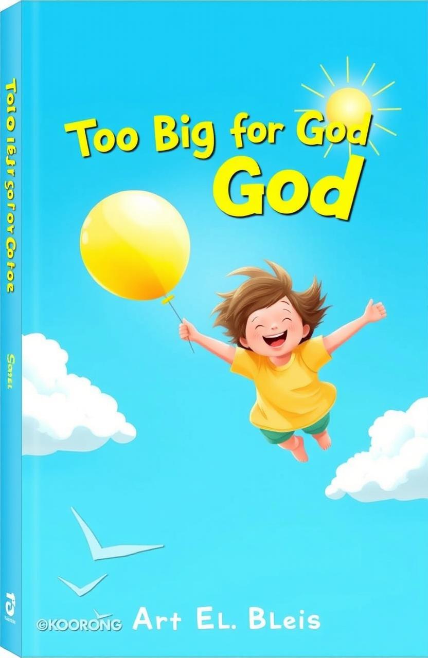 A whimsical book cover titled 'Too Big for God' featuring a joyful child with a beaming smile, soaring through a bright blue sky while holding a colorful balloon