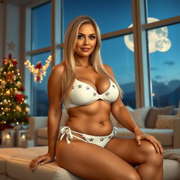 A full-body image of a beautiful 50-year-old mature woman with Venezuelan features, wearing a white bikini and a short crop top with star details