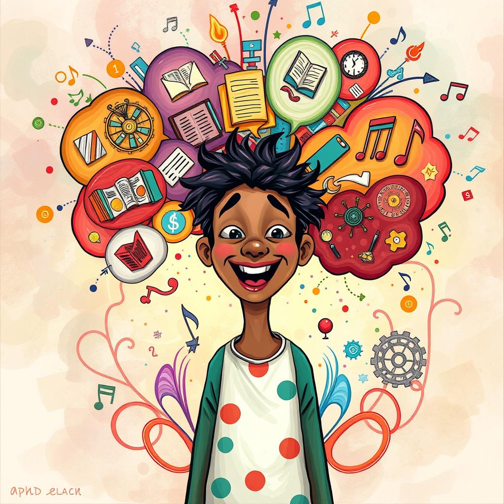 A visually captivating illustration depicting the experience of ADHD, showing a colorful explosion of thought bubbles filled with various interests and distractions like books, art, music notes, and gears, symbolizing creativity and dynamic thought processes