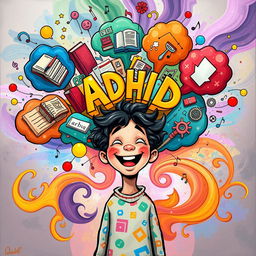A visually captivating illustration depicting the experience of ADHD, showing a colorful explosion of thought bubbles filled with various interests and distractions like books, art, music notes, and gears, symbolizing creativity and dynamic thought processes
