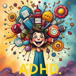 A visually captivating illustration depicting the experience of ADHD, showing a colorful explosion of thought bubbles filled with various interests and distractions like books, art, music notes, and gears, symbolizing creativity and dynamic thought processes