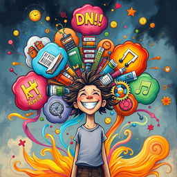 A visually captivating illustration depicting the experience of ADHD, showing a colorful explosion of thought bubbles filled with various interests and distractions like books, art, music notes, and gears, symbolizing creativity and dynamic thought processes