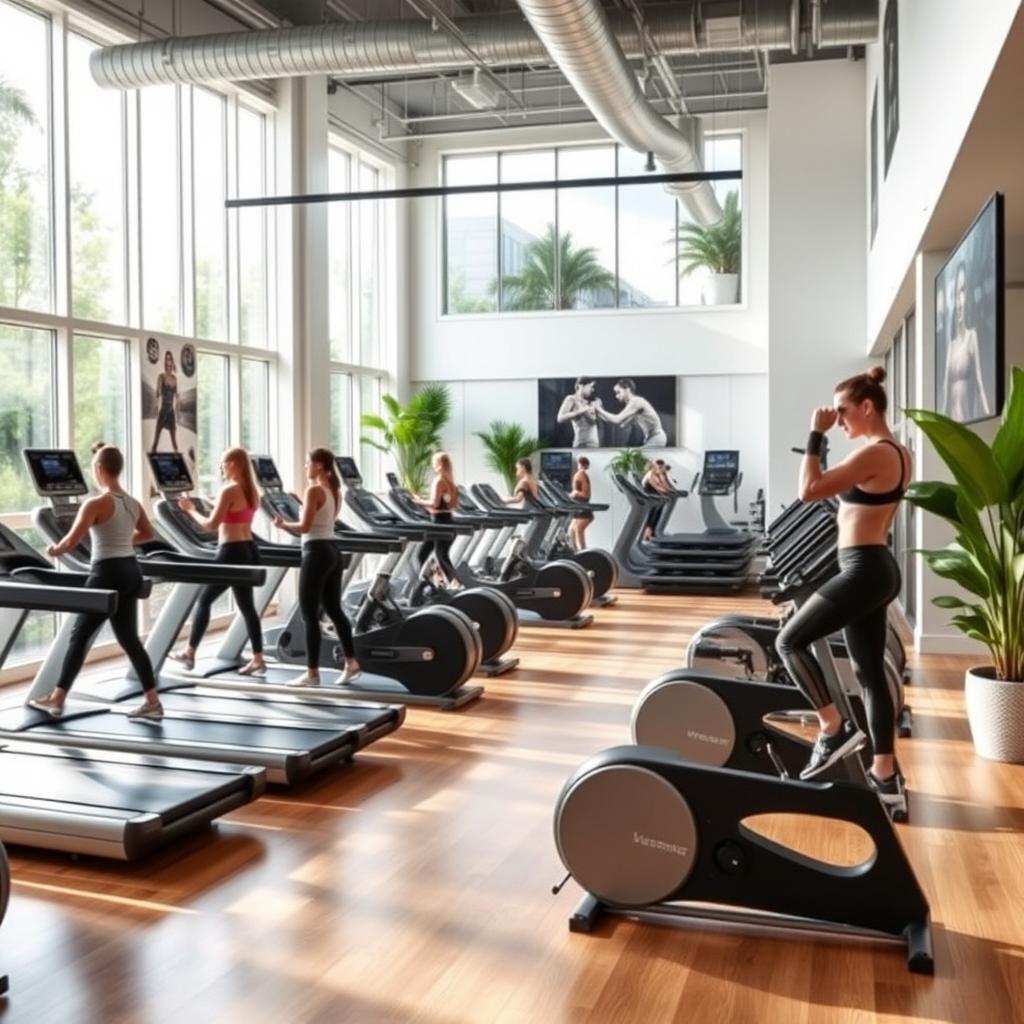 A modern gym interior, featuring sleek and sophisticated design elements