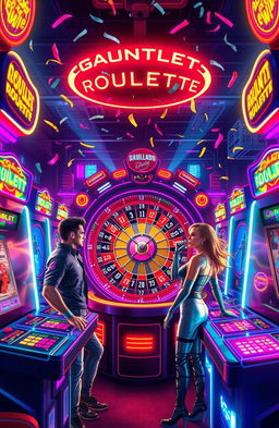 A stylized, high-energy depiction of a ‘Gauntlet Roulette’ game scene