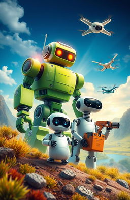 A vibrant and captivating cover image featuring four distinct robots: a large green robot named Spark, approximately 2 meters tall, with hydraulic arms that showcase strength and precision