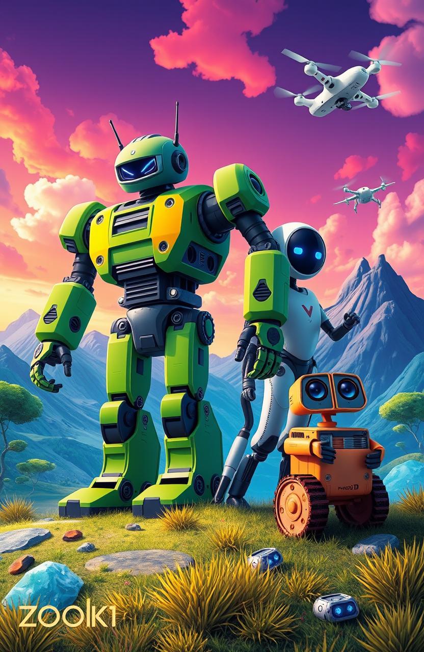 A vibrant and captivating cover image featuring four distinct robots: a large green robot named Spark, approximately 2 meters tall, with hydraulic arms that showcase strength and precision