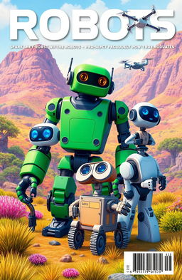 A vibrant and captivating cover image featuring four distinct robots: a large green robot named Spark, approximately 2 meters tall, with hydraulic arms that showcase strength and precision