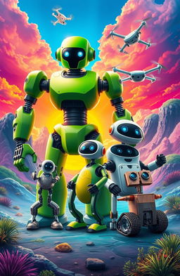 A vibrant and captivating cover image featuring four distinct robots: a large green robot named Spark, approximately 2 meters tall, with hydraulic arms that showcase strength and precision