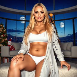 A full-body image of a beautiful 50-year-old mature woman with Venezuelan features, wearing a white thong and a long sporty shirt with star details
