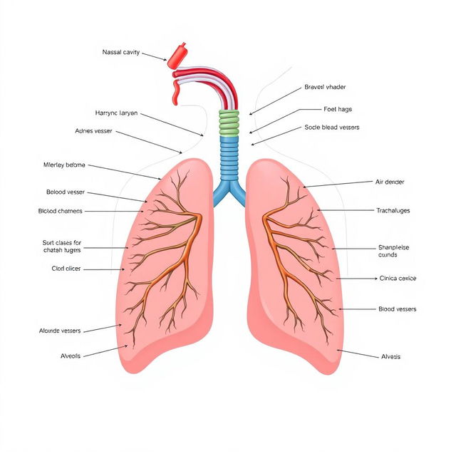 An illustrative diagram of the human respiratory system, showcasing the major structures including the nasal cavity, pharynx, larynx, trachea, bronchi, lungs, and alveoli