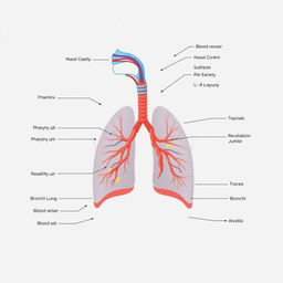 An illustrative diagram of the human respiratory system, showcasing the major structures including the nasal cavity, pharynx, larynx, trachea, bronchi, lungs, and alveoli