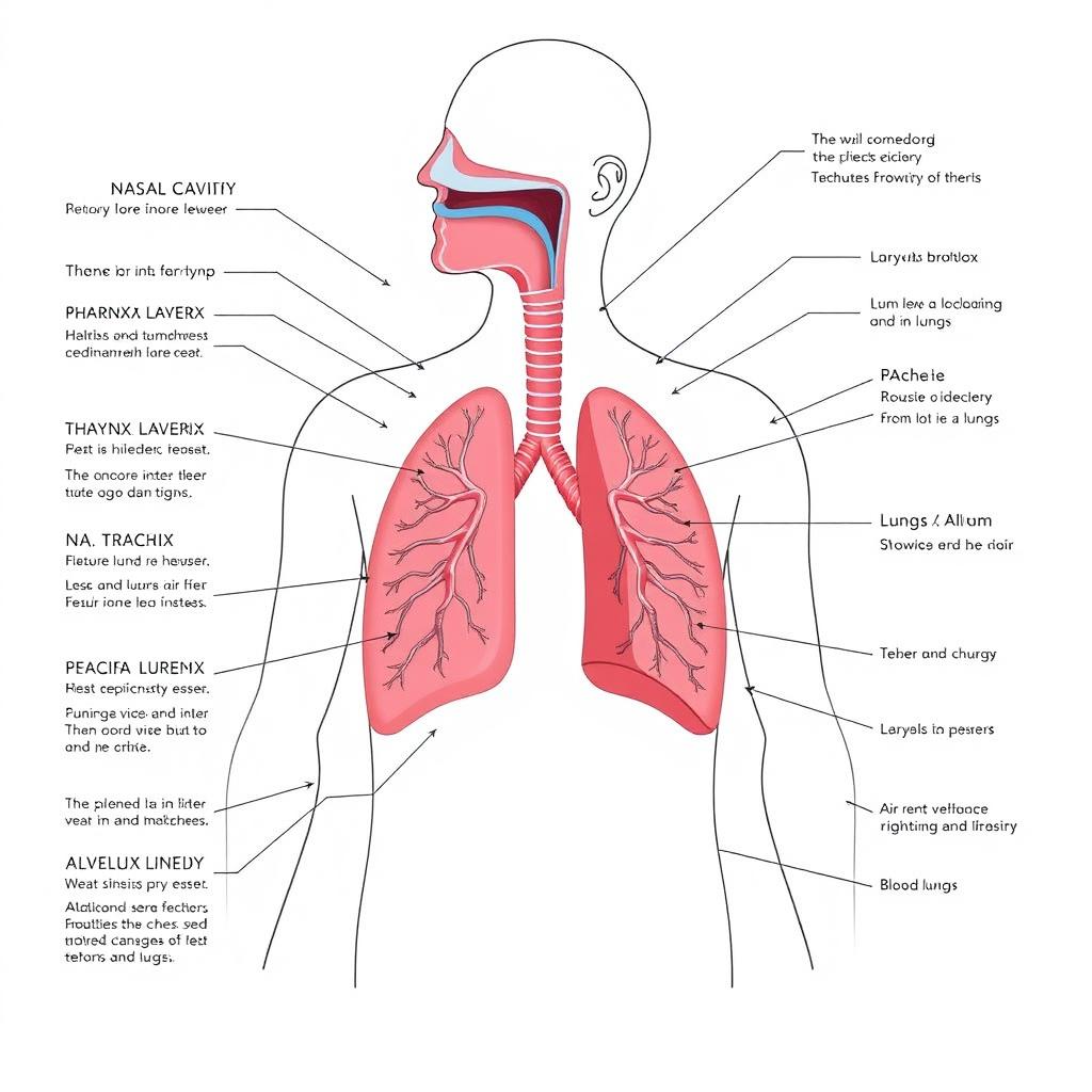 An illustrative diagram of the human respiratory system, showcasing the major structures including the nasal cavity, pharynx, larynx, trachea, bronchi, lungs, and alveoli