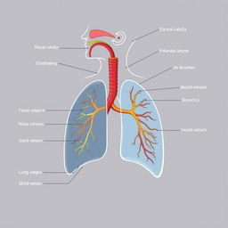 An illustrative diagram of the human respiratory system, showcasing the major structures including the nasal cavity, pharynx, larynx, trachea, bronchi, lungs, and alveoli