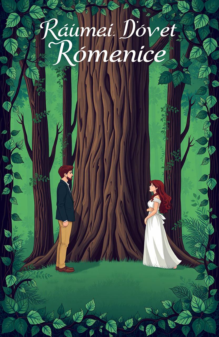 A romantic novel cover set in a lush forest with a vibrant forest-green background