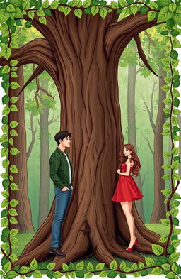 A romantic novel cover set in a lush forest with a vibrant forest-green background