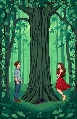 A romantic novel cover set in a lush forest with a vibrant forest-green background