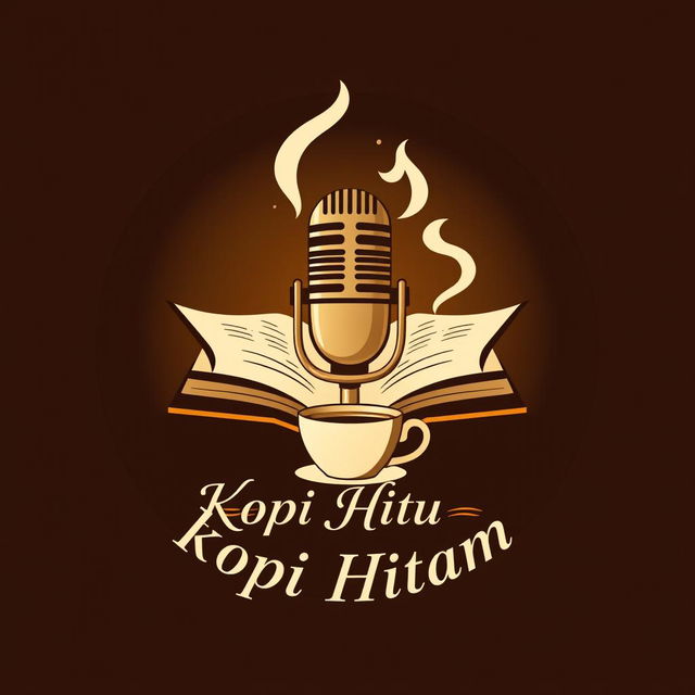 A logo design for a podcast titled 'Kopi Hitam', featuring a microphone prominently positioned in the center