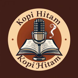 A logo design for a podcast titled 'Kopi Hitam', featuring a microphone prominently positioned in the center