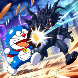 A dynamic battle scene between Doraemon, the robotic cat with a blue and white color scheme, and a fictional character named Blecus, who is a dark, ominous creature with spiky features and glowing red eyes