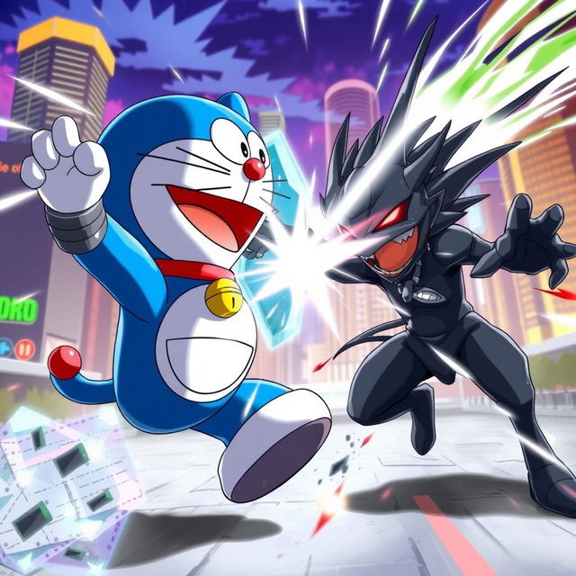 A dynamic battle scene between Doraemon, the robotic cat with a blue and white color scheme, and a fictional character named Blecus, who is a dark, ominous creature with spiky features and glowing red eyes