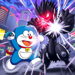 A dynamic battle scene between Doraemon, the robotic cat with a blue and white color scheme, and a fictional character named Blecus, who is a dark, ominous creature with spiky features and glowing red eyes