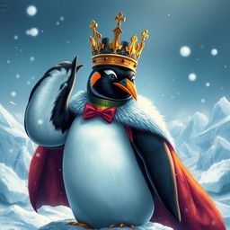 A heroic penguin king with a majestic crown, standing nobly with a wing slightly injured, showcasing a strong yet vulnerable demeanor