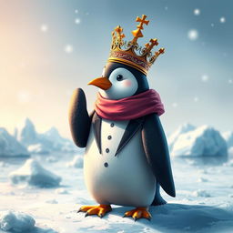 A heroic penguin king with a majestic crown, standing nobly with a wing slightly injured, showcasing a strong yet vulnerable demeanor