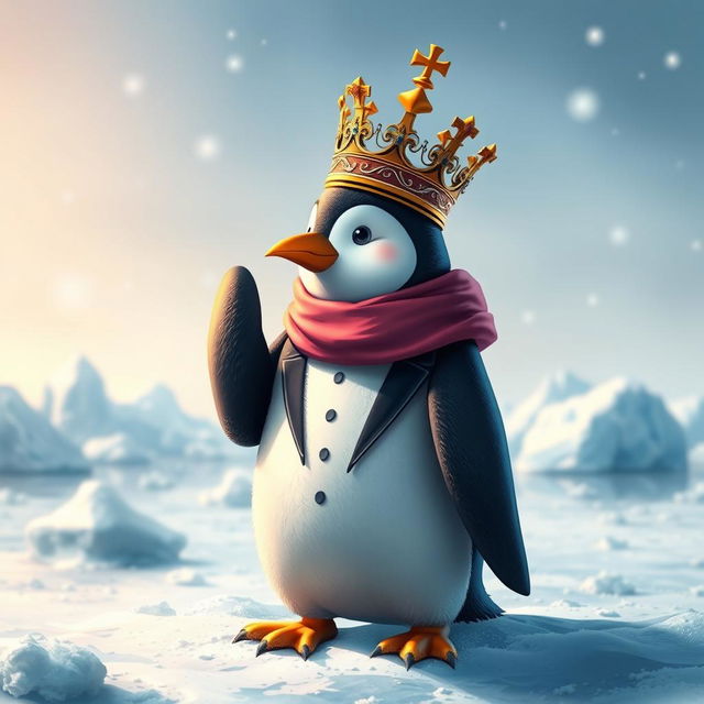 A heroic penguin king with a majestic crown, standing nobly with a wing slightly injured, showcasing a strong yet vulnerable demeanor